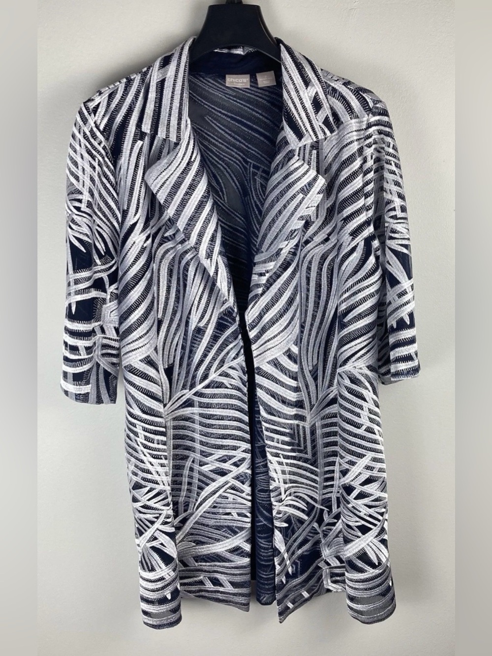 Chico’s Travelers Blue Silver Duster Lightweight Coat Sweater Metallic Lagenlook
